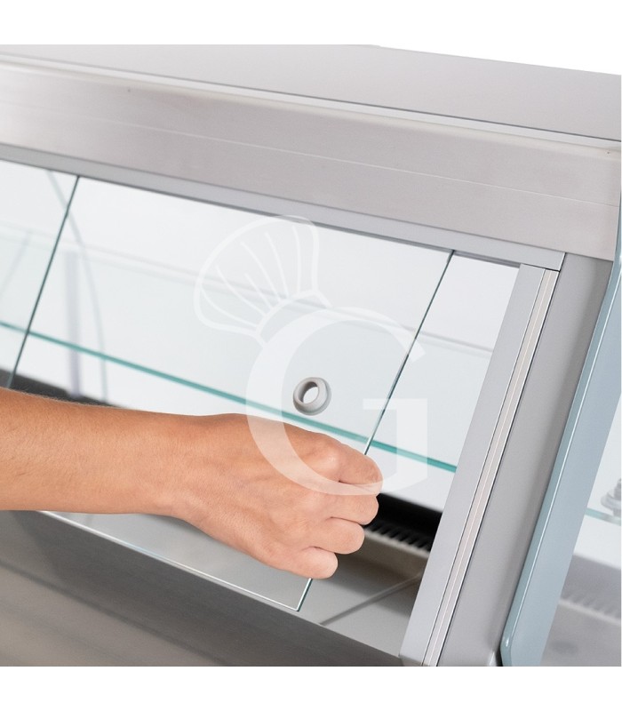 Mostrador refrigerado ventilado de cristal curvo, 0°/+5°C, L 2585 mm, completo de luz, estante intermedio y cristales traseros