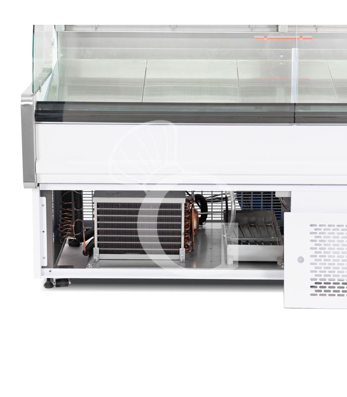 Mostrador refrigerado ventilado de cristal curvo, 0°/+5°C, L 2585 mm, completo de luz, estante intermedio y cristales traseros