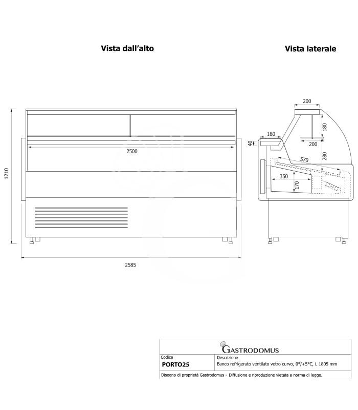 Mostrador refrigerado ventilado de cristal curvo, 0°/+5°C, L 2585 mm, completo de luz, estante intermedio y cristales traseros
