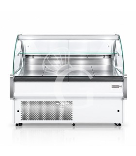 Mostrador refrigerado ventilado de cristal curvo, 0°/+5°C, L 1205 mm, completo de luz, estante intermedio y cristales traseros
