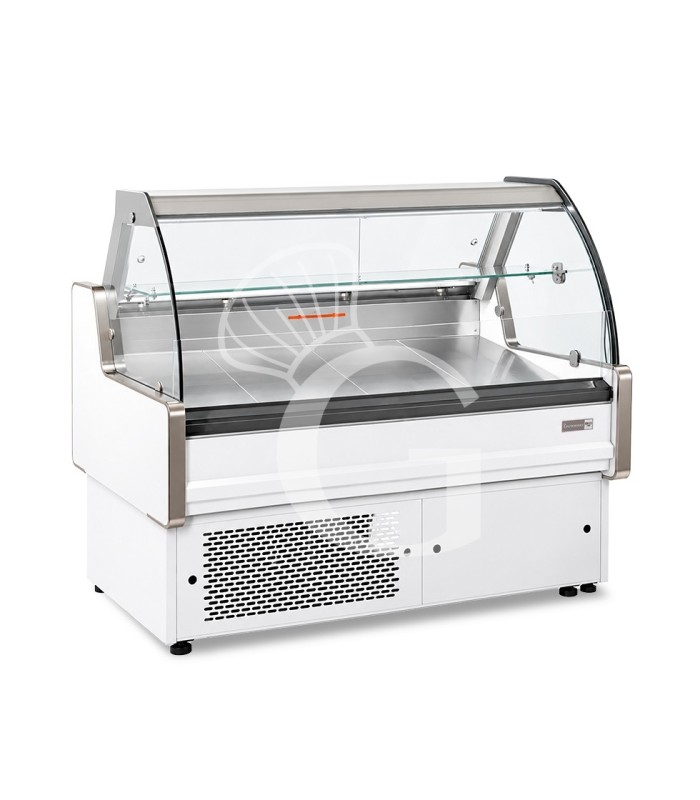 Mostrador refrigerado ventilado de cristal curvo, 0°/+5°C, L 1205 mm, completo de luz, estante intermedio y cristales traseros