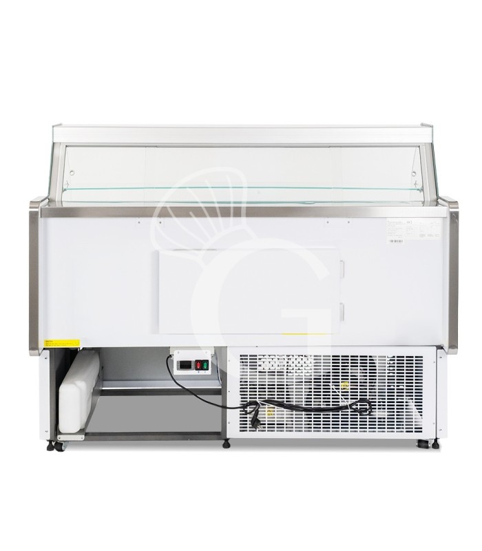 Mostrador refrigerado ventilado de cristal curvo, 0°/+5°C, L 1205 mm, completo de luz, estante intermedio y cristales traseros
