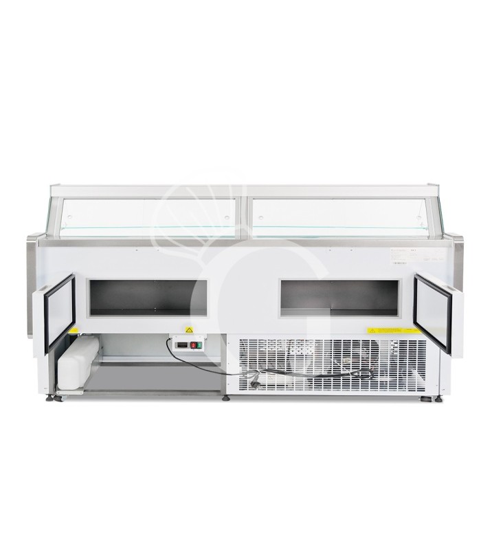 Mostrador refrigerado ventilado de cristal curvo, 0°/+5°C, L 2585 mm, completo de luz, estante intermedio y cristales traseros