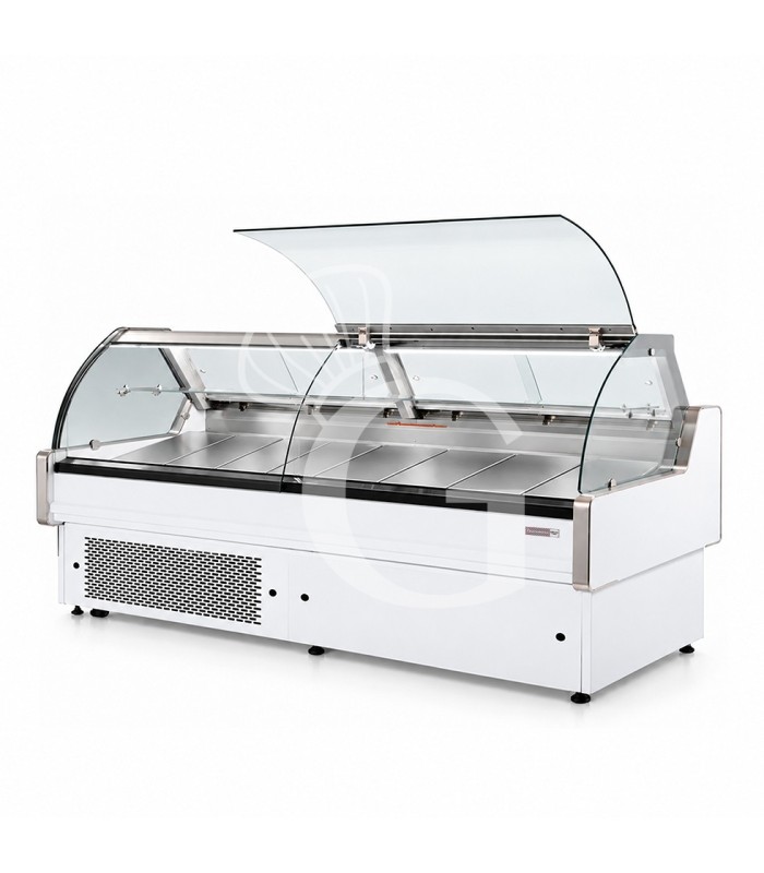 Mostrador refrigerado ventilado de cristal curvo, 0°/+5°C, L 2585 mm, completo de luz, estante intermedio y cristales traseros