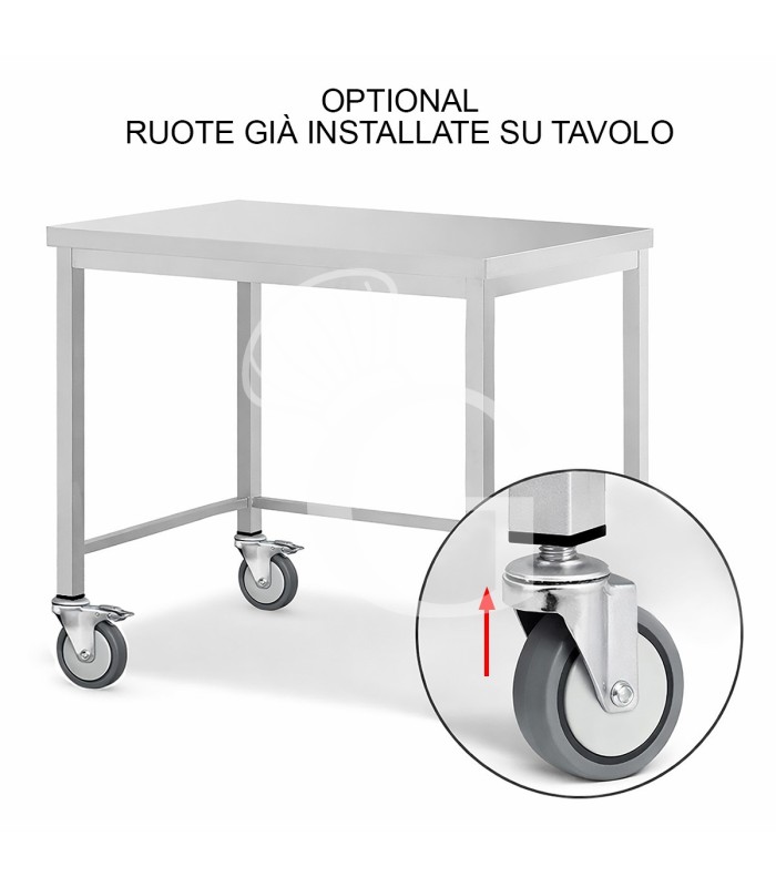 Ruedas ya montadas sobre mesa simple en acero inox (4 ruedas, 2 con freno)