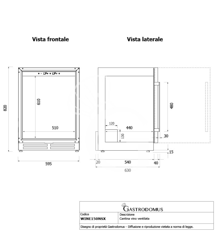 Vinoteca  ventilada con marco puerta de acero inox 150 LT 4 estantes 36 botellas +5°C/+22°C