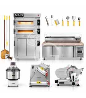 Kit para pizzería con horno eléctrico, mesa pizza, amasadora 32 L, formadora de pizza, cortadora y set de palas
