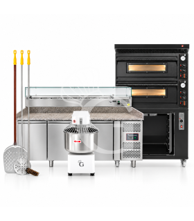 Kit para pizzería profesional con horno eléctrico de 2 cámaras, mesa pizza refrigerada, amasadora de 20 L y palas para pizza