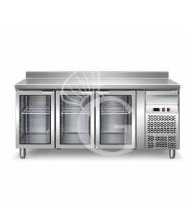 Mesa Refrigerada ventilada, 700 mm de profundidad 3 Puertas de vidrio y Peto, Temperatura +2°C/+8°C