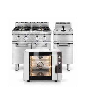 Kit de Cocción Profesional para Restaurante – Horno de Gastronomía, Cocina de Gas de 4 Fuegos y Freidora de Gas de 20 Litros