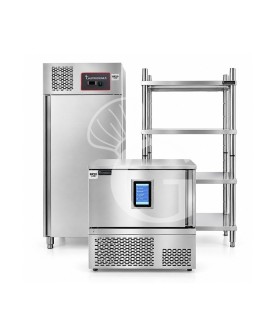 Kit Restaurante: Armario Refrigerado 650 L, Estantería Inox 4 Estantes y Abatidor Digital 5 Bandejas