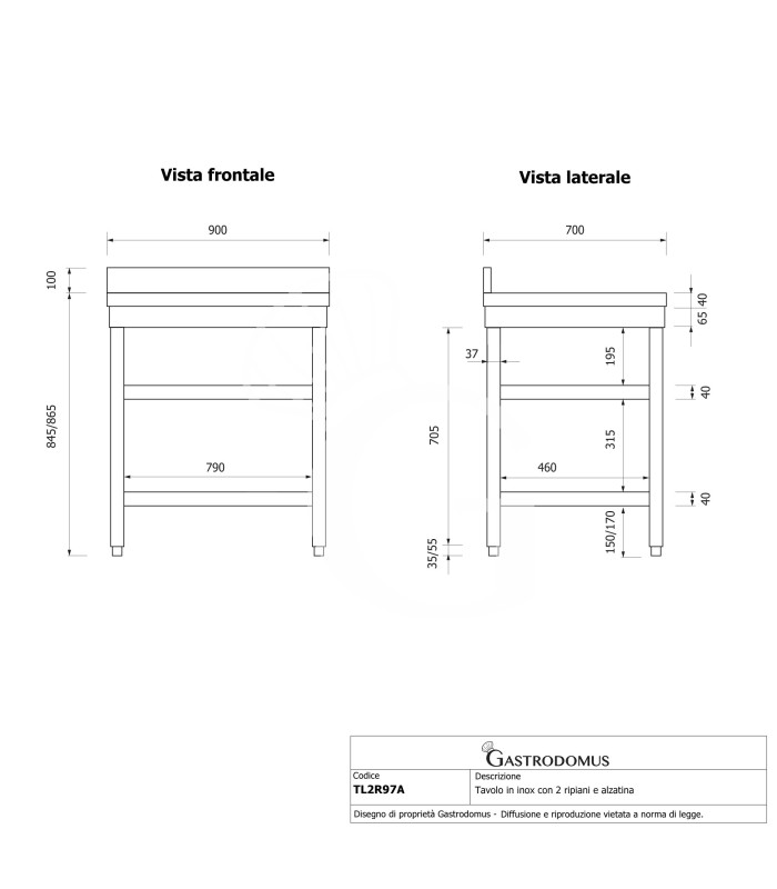 Mesa de acero inoxidable 2 estantes y peto L 900 mm x P 700 mm x A 965 mm