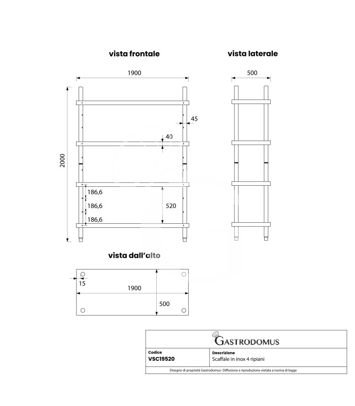 copy of Scaffale Acciaio Inox 4 ripiani L 1900 x P 500 x H 2000 mm
