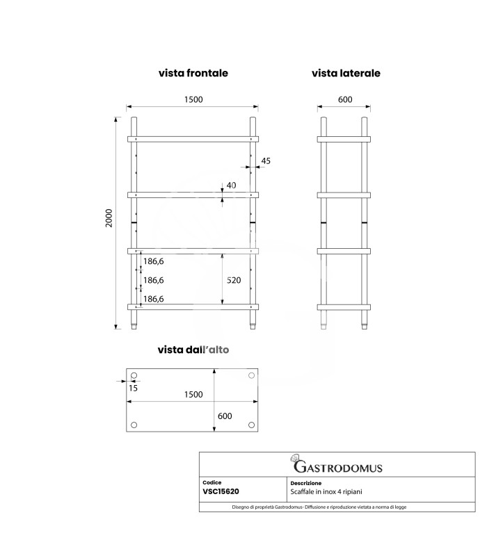 copy of Scaffale Acciaio Inox 4 ripiani L 1500 x P 600 x H 2000 mm