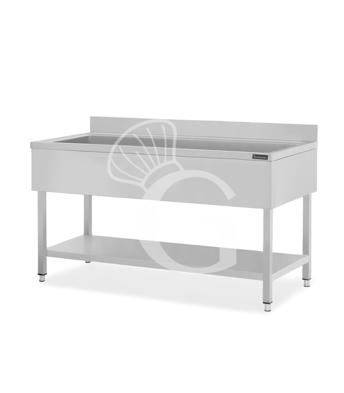 Fregadero profesional para ollas inox con 1 estante, peto trasero y 1 cubeta, 2000 × 600 × 950 mm