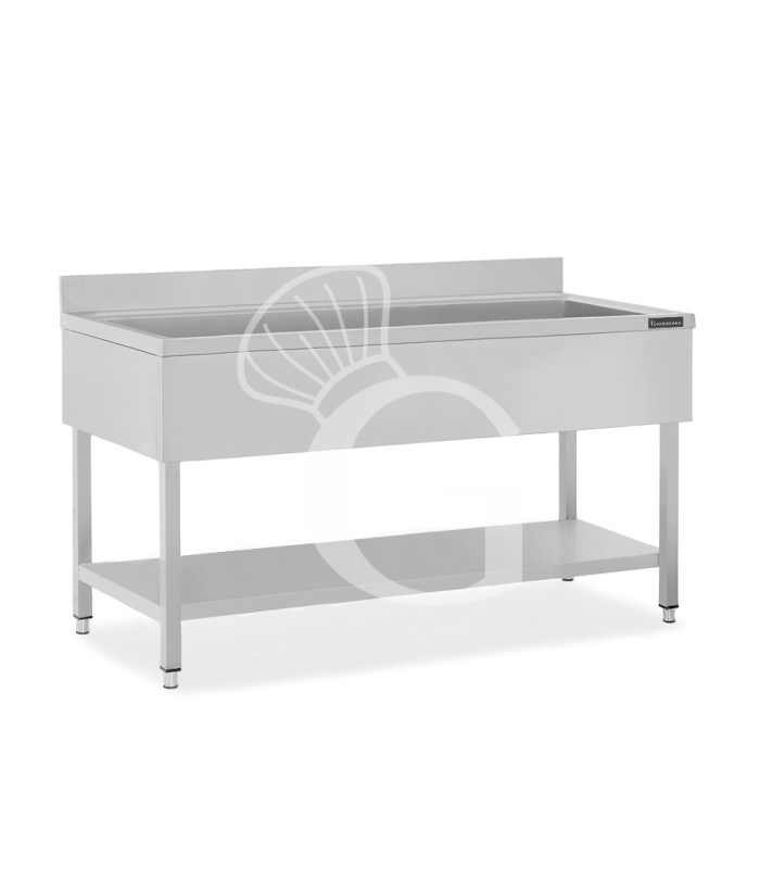 Fregadero profesional para ollas inox con 1 estante, peto trasero y 1 cubeta, 2000 × 600 × 950 mm