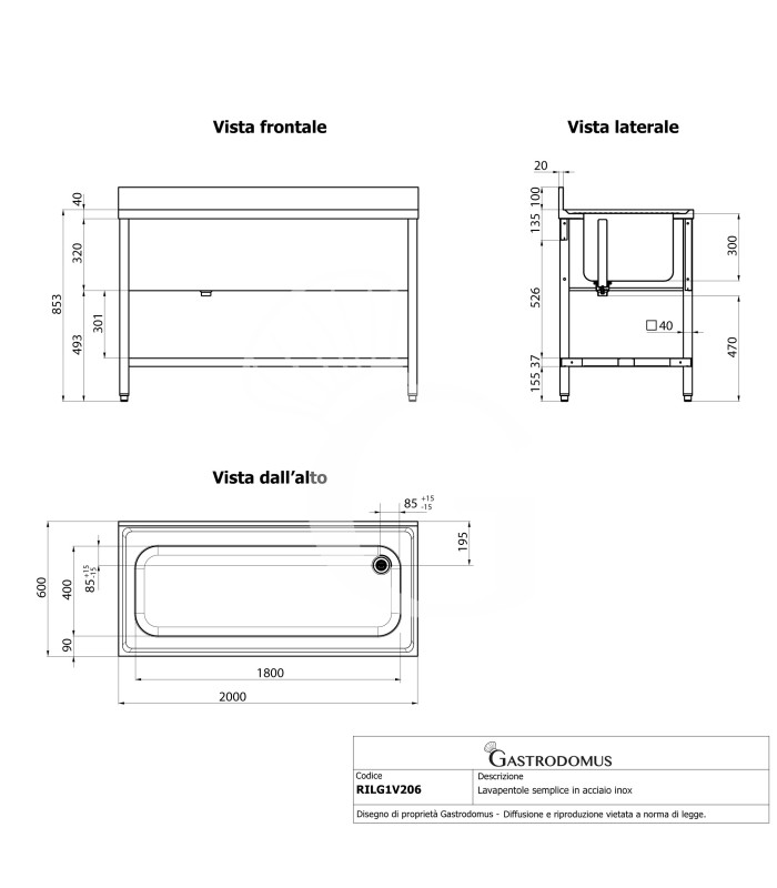 Fregadero profesional para ollas inox con 1 estante, peto trasero y 1 cubeta, 2000 × 600 × 950 mm