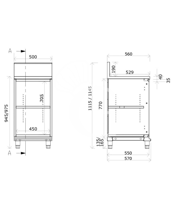 Frente mostrador neutro para bar abierto con peto L 500 mm x P 560 mm x H 1154mm