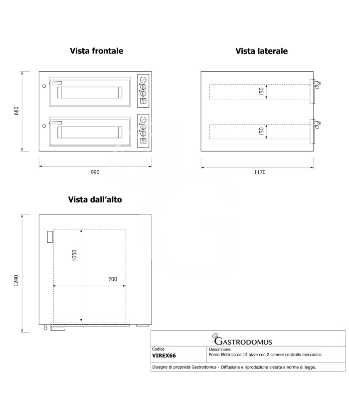 Horno eléctrico para 6+6 pizzas de diámetro 350mm 2 cámaras control mecánico 15,1 KW