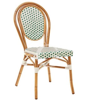 Silla Molly de aluminio barnizado y bambú, asiento y respaldo con revestimiento de alambre de nylon