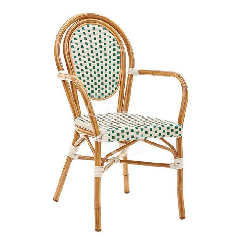 Silla Polly de aluminio barnizado y bambú, revestimiento de alambre de nylon