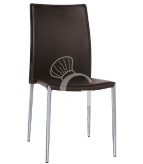 Silla Cleo con estructura de acero cromado, asiento y respaldo de cuero sintético