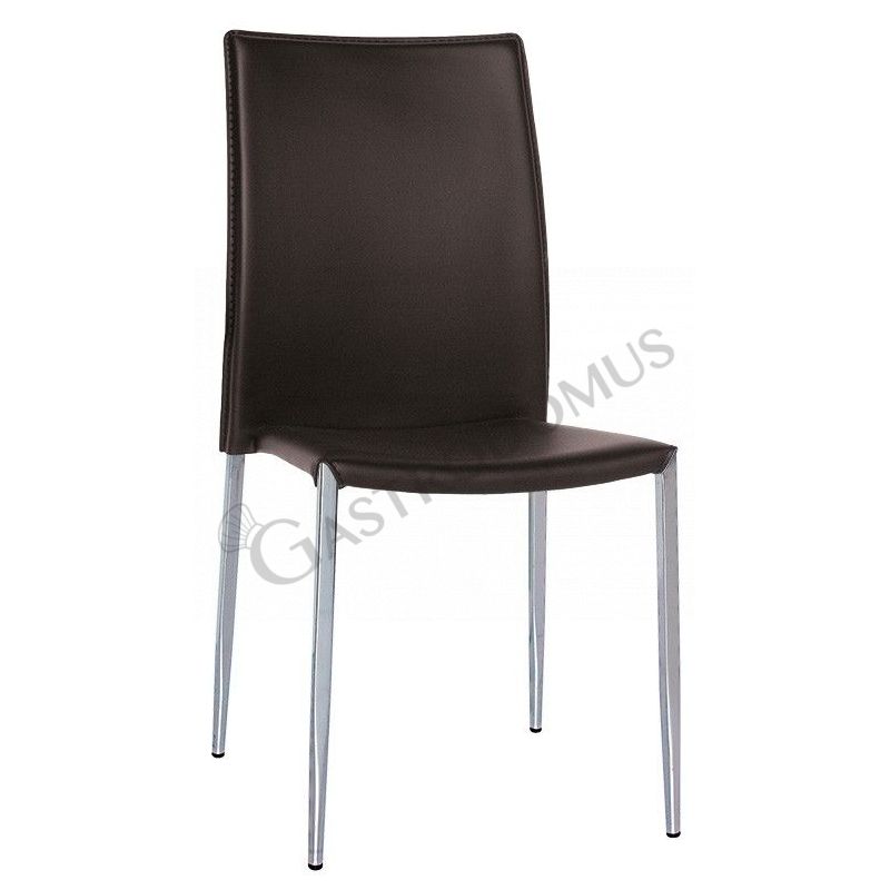 Silla Cleo con estructura de acero cromado, asiento y respaldo de cuero sintético