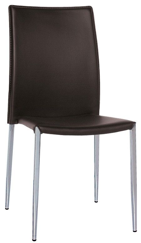 Silla Cleo con estructura de acero cromado, asiento y respaldo de cuero sintético