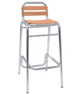 Taburete Toby con estructura de aluminio anodizado, asiento y respaldo de listones de roble