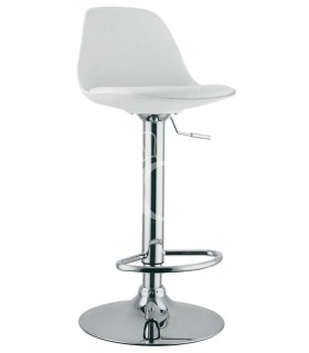 Taburete Globe con estructura de metal cromado, asiento y respaldo de polipropileno y cojín de cuero sintético
