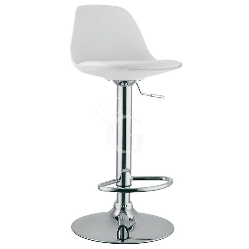 Taburete Globe con estructura de metal cromado, asiento y respaldo de polipropileno y cojín de cuero sintético