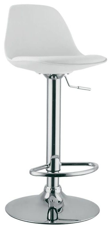 Taburete Globe con estructura de metal cromado, asiento y respaldo de polipropileno y cojín de cuero sintético