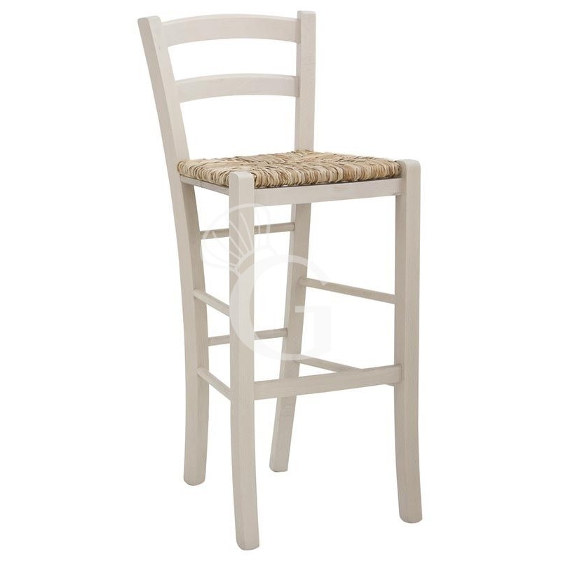 Taburete Countryside con estructura de madera y asiento y respaldo de paja