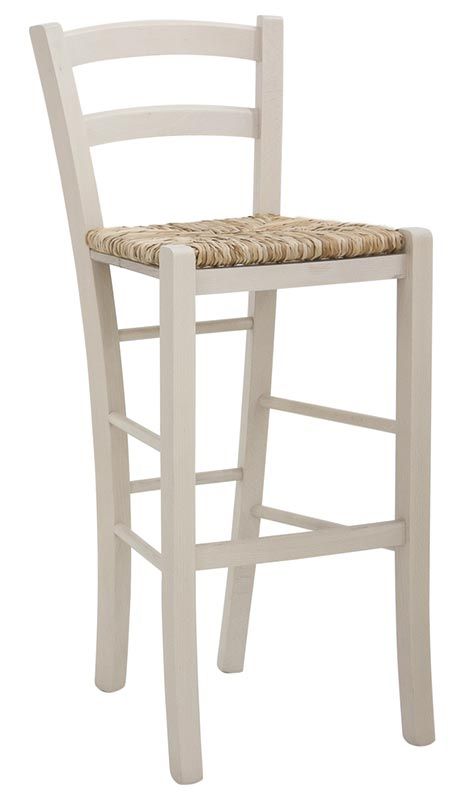 Taburete Countryside con estructura de madera y asiento y respaldo de paja