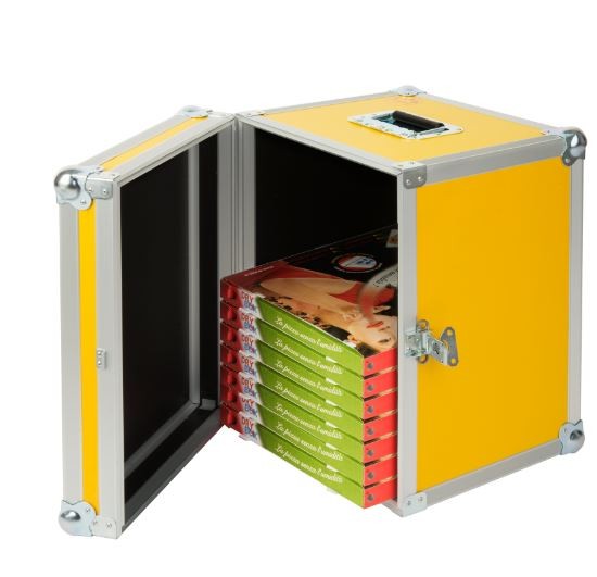 Caja rígida de plástico alveolar para el trasporte de pizzas, dimensiones 470 x 470 x 350 mm