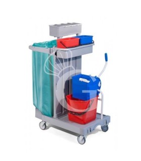 Carro de limpieza polivalente con soporte para bolsas 3 cubos escurridor portabotellas ganchos L 920 mm x P 550 mm x A 1240 mm