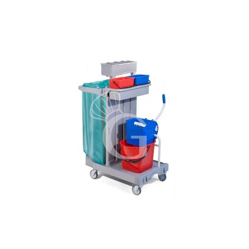 Carro de limpieza polivalente con soporte para bolsas 3 cubos escurridor portabotellas ganchos L 920 mm x P 550 mm x A 1240 mm Carro de limpieza polivalente con soporte para bolsas 3 cubos escurridor portabotellas ganchos L 920 mm x P 550 mm x A 1240 mm