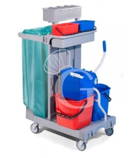 Carro de limpieza polivalente con soporte para bolsas 4 cubos escurridor portabotellas ganchos L 920 mm x P 680 mm x A 1240 mm