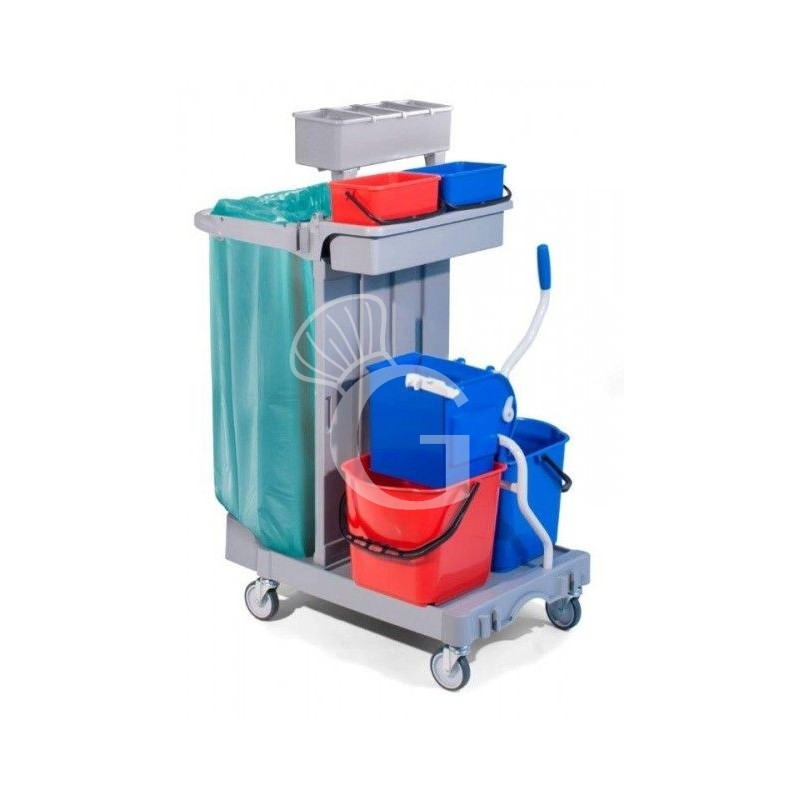 Carro de limpieza polivalente con soporte para bolsas 4 cubos escurridor portabotellas ganchos L 920 mm x P 680 mm x A 1240 mm