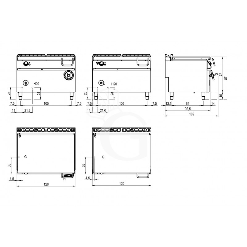 Sartén basculante a gas con apertura manual, capacidad 120 LT L 1200 mm x P 900 mm x A 870 mm