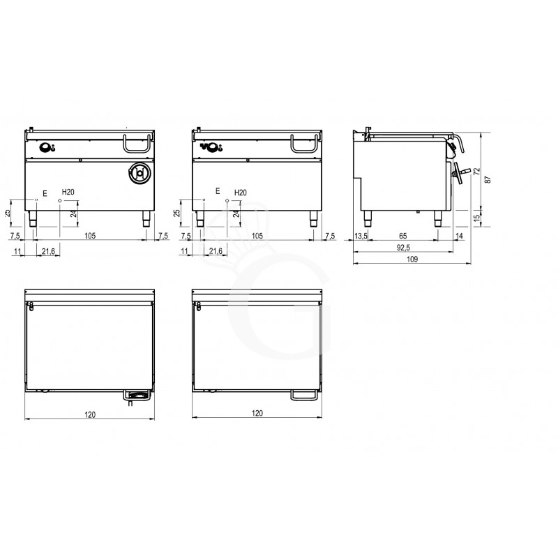 Sartén basculante eléctrica con apertura manual, capacidad de 120 LT A 1200 mm x P 900 mm x A 870 mm