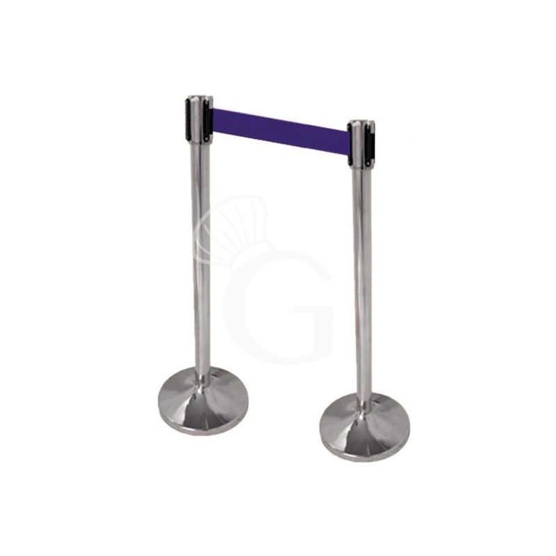 Kit de delimitación de espacios - 2 postes de separación de acero inoxidable pulido con 2 m de cinta extensible azul