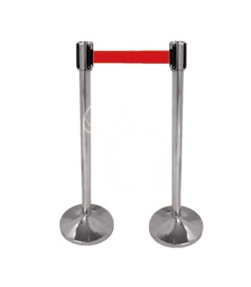 Kit de delimitación de espacios - 2 postes de separación de acero inoxidable pulido con 2 m de cinta extensible roja