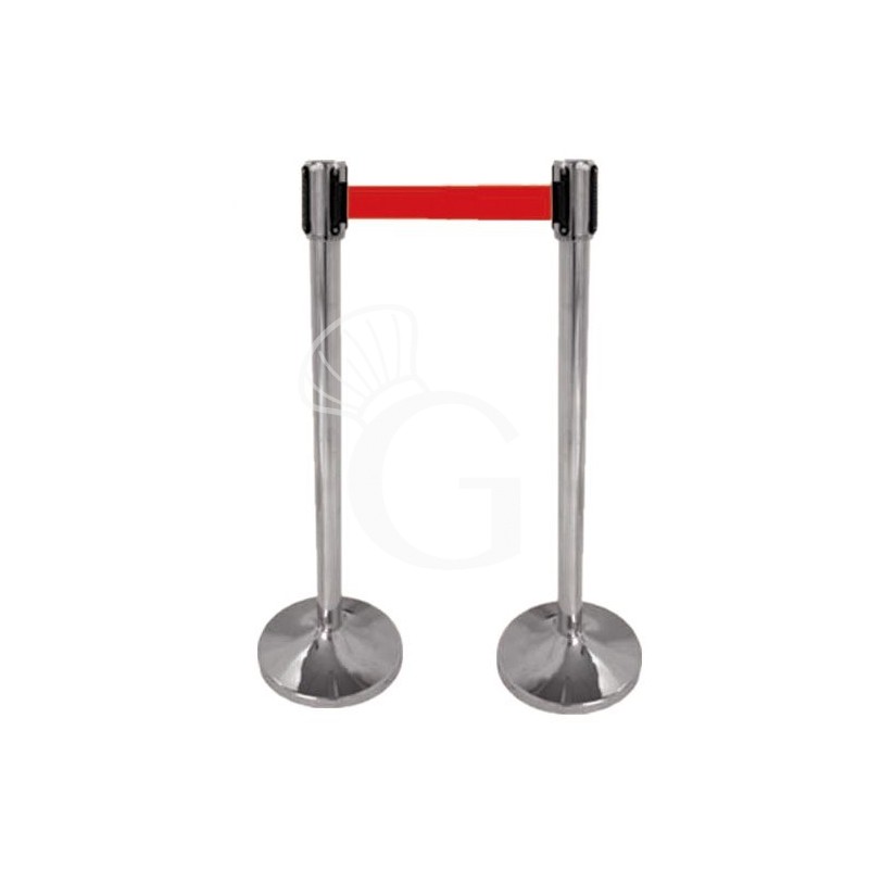 Kit de delimitación de espacios - 2 postes de separación de acero inoxidable pulido con 2 m de cinta extensible roja