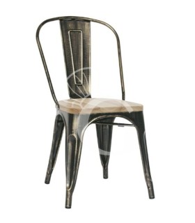 Silla Rose con estructura y respaldo de metal pintado efecto antiguo y asiento de madera