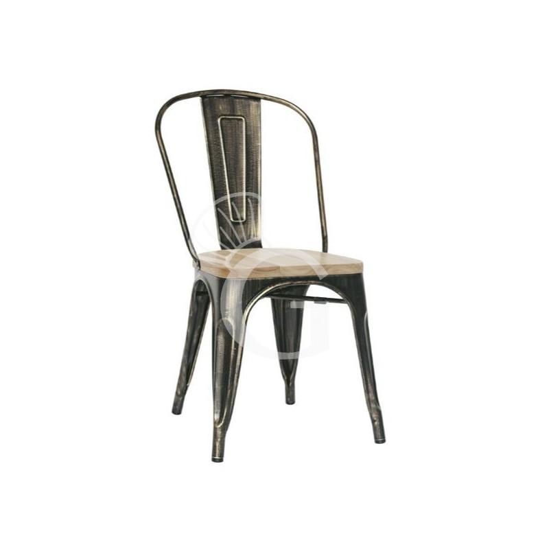 Silla Rose con estructura y respaldo de metal pintado efecto antiguo y asiento de madera