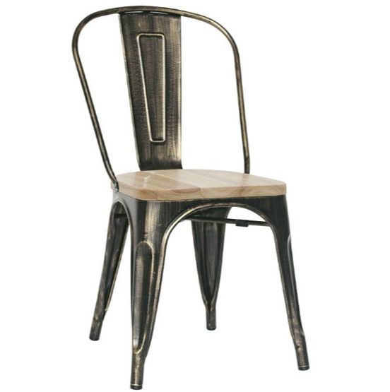 Silla Rose con estructura y respaldo de metal pintado efecto antiguo y asiento de madera