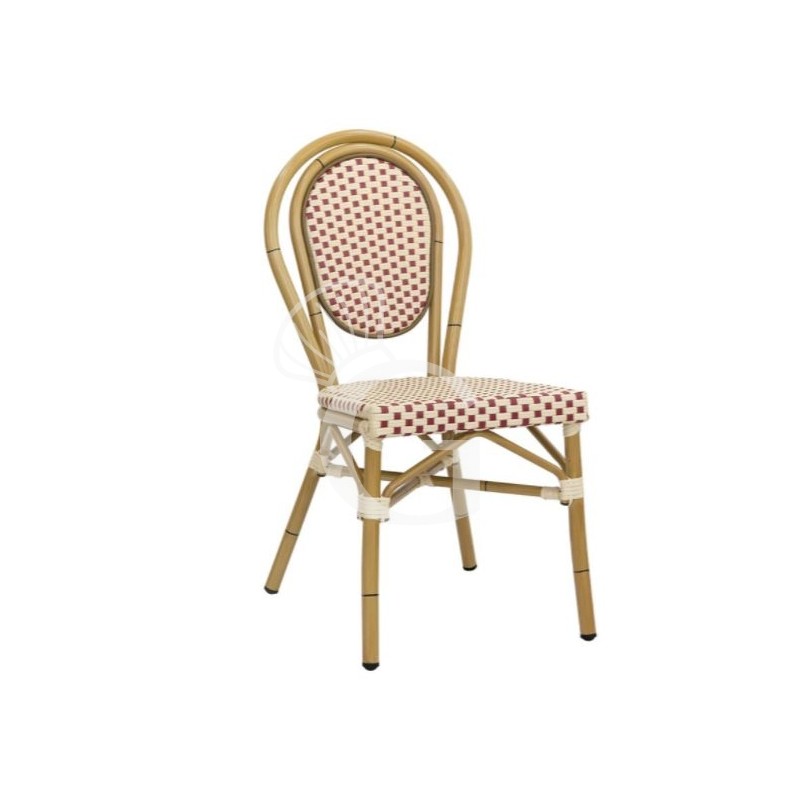 Silla Molly de aluminio barnizado y bambú, asiento y respaldo con revestimiento de alambre de nylon