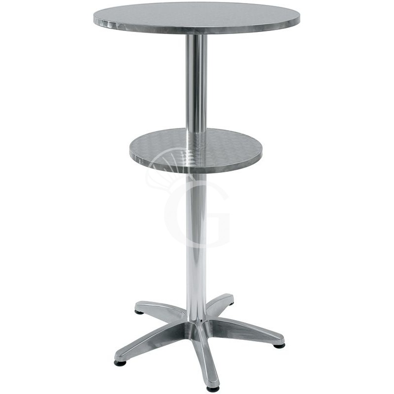 Mesa redonda de 1060 mm de altura en aluminio y acero con estante inferior de 600 mm de diámetro