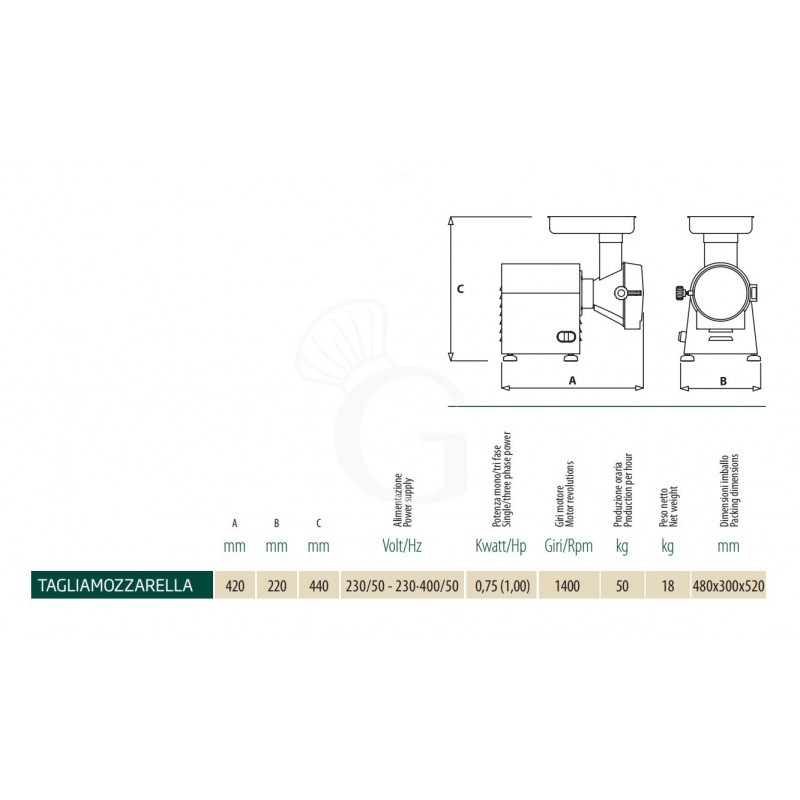 Cortador de mozzarella profesional trifásico 0,75 KW